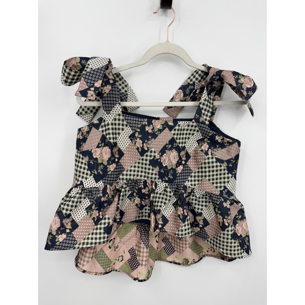 Aureum Navy‎ Patchwork Babydoll Top Women Size M Floral Gingham Peplum AT1202